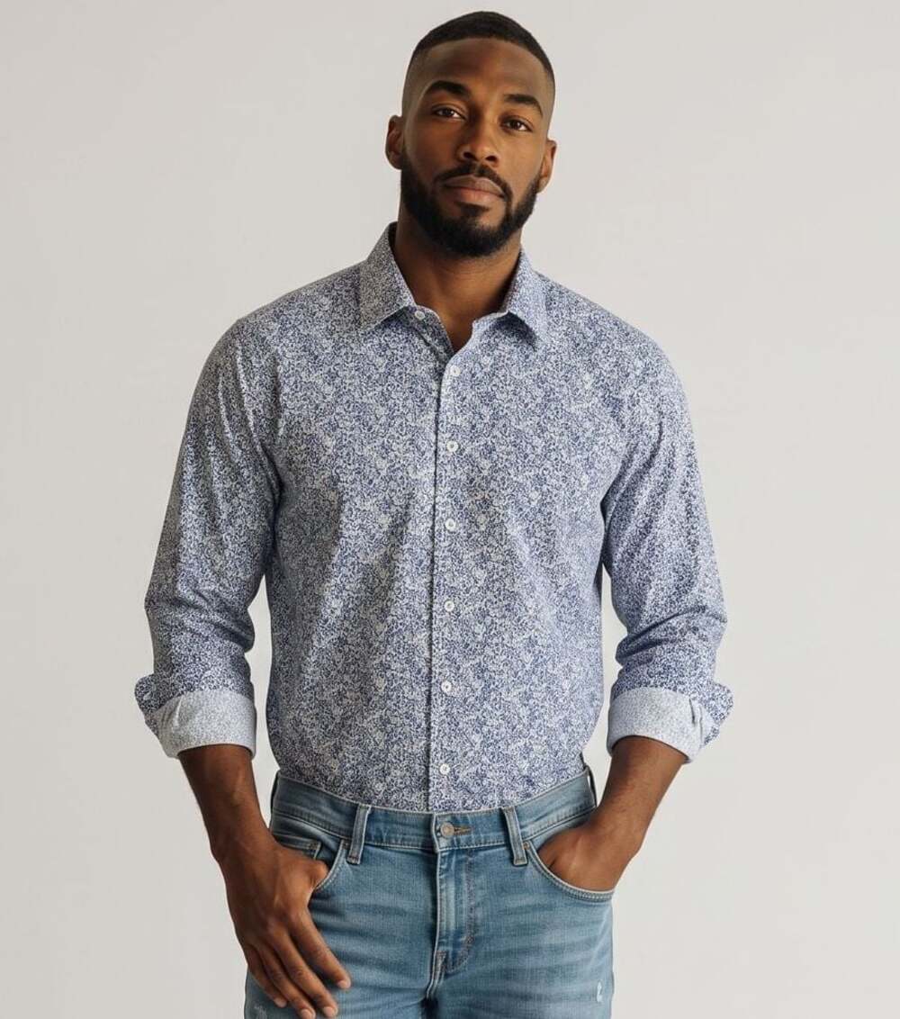 Nick Graham Men's Stretch Modern Fit Micro Floral Print Dress Shirt Blue/White
